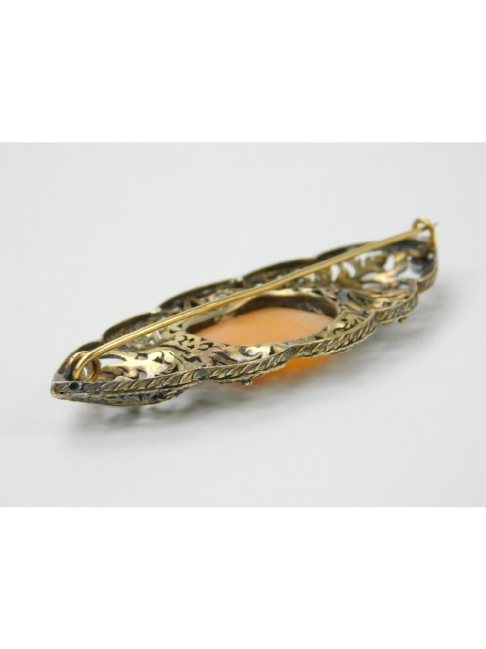 Antique 14k Gold 3.25" Filigree Floral Carved Shell Landscape Cameo Brooch Pin - Picture 8 of 16